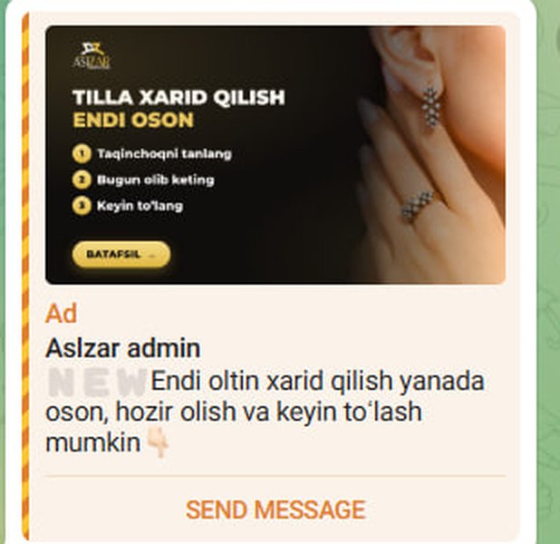 Aslzar Tilla reklamasi Telegram kanalda qanday ko'rinishi